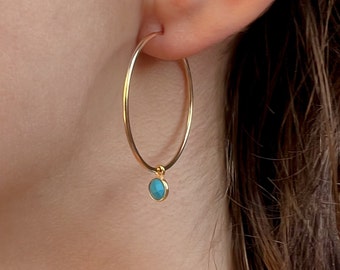 Birthstone Earrings, Hoop Earrings with Your Birthstone, Ruby, Sapphire, Turquoise 14K Gold Fill or Sterling Silver