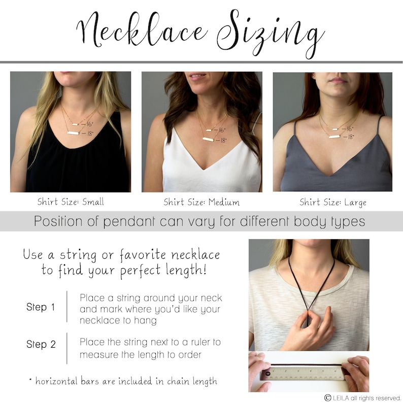 May include: Diagram showing how to measure your neck for a necklace. The image shows three women wearing necklaces of different lengths, with the measurements marked in inches. The text explains how to use a string to measure your neck and then use a ruler to determine the necklace length you need.
