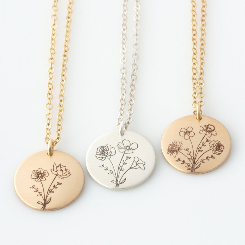 Personalized Necklace Gift For Mom, Family Necklace with Combined Birth Flower Bouquet image 2