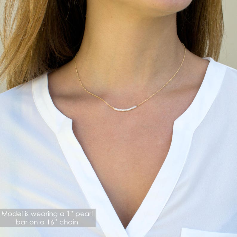 Skinny Pearl Bar Necklace, Freshwater Pearl Necklace, Delicate Pearl Layering Necklace in Gold, Rose Gold or Silver, Wedding Jewelry, N298 image 1