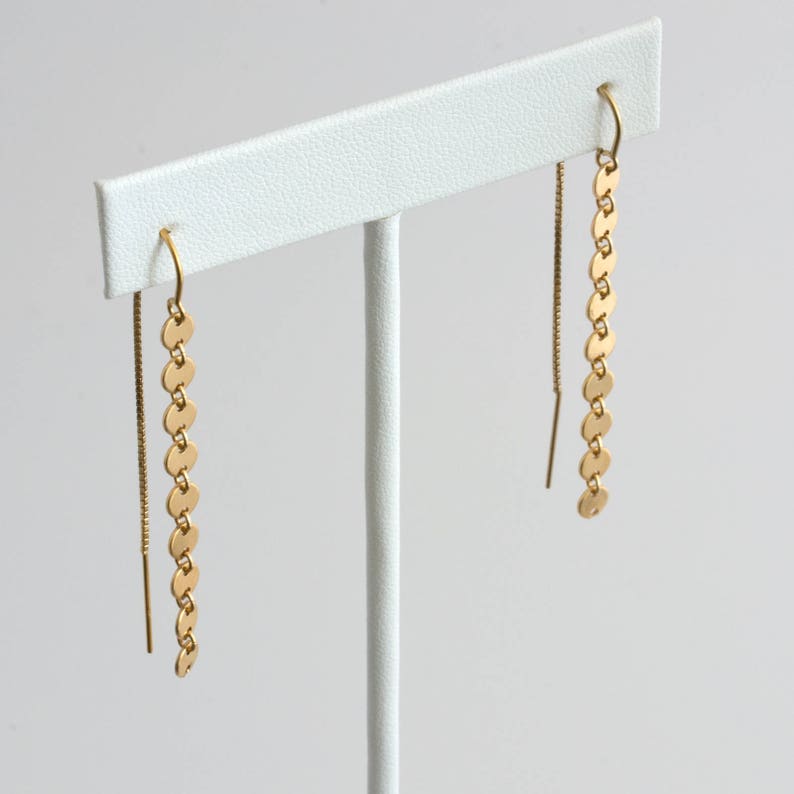 Gold Coin Threader Earrings, Long Dangle Earrings, Minimalist Earrings, Sterling Silver, 14k Gold Fill, Gift for Her, LEILAJewelryshop, E209 image 2