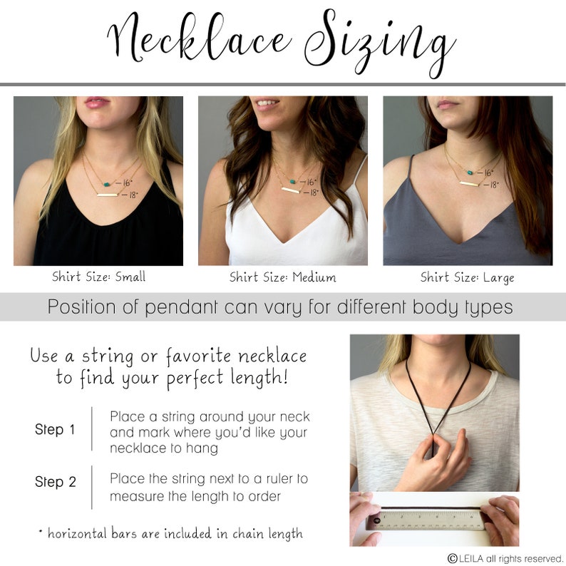 Puede incluir: Diagrama que muestra c&oacute;mo medir el cuello para un collar. La imagen muestra a tres mujeres con collares de diferentes longitudes, con las longitudes marcadas en pulgadas. El texto dice: "Necklace Sizing", "&iexcl;Usa una cuerda o tu collar favorito para encontrar la longitud perfecta!" y "Paso 1: Coloca una cuerda alrededor de tu cuello y marca d&oacute;nde quieres que cuelgue tu collar. Paso 2: Coloca la cuerda junto a una regla para medir la longitud que quieres pedir.  &bull; Las barras horizontales est&aacute;n incluidas en la longitud de la cadena."