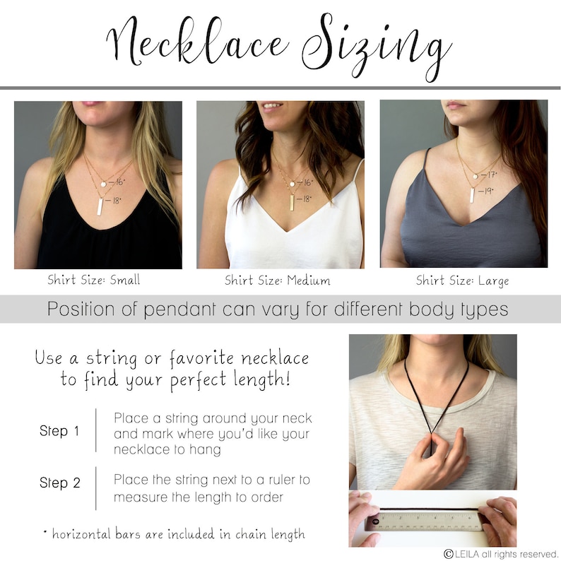 May include: Diagram showing how to measure your neck for the perfect necklace length.  Use a string to measure around your neck and then measure the string with a ruler.  The diagram shows three different necklace lengths for small, medium, and large shirt sizes.