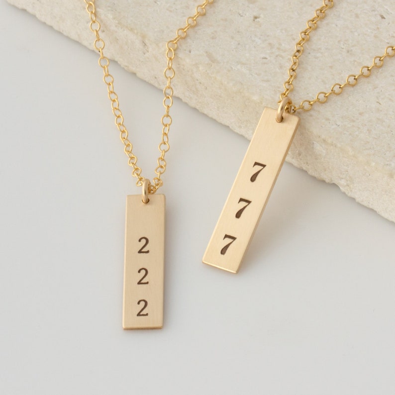 Vertical Bar Angel Number Necklace, Personalized Dainty Chain Number Necklace, Custom Number Necklace with 111, 222, 333, 444, 555, and 777 image 1