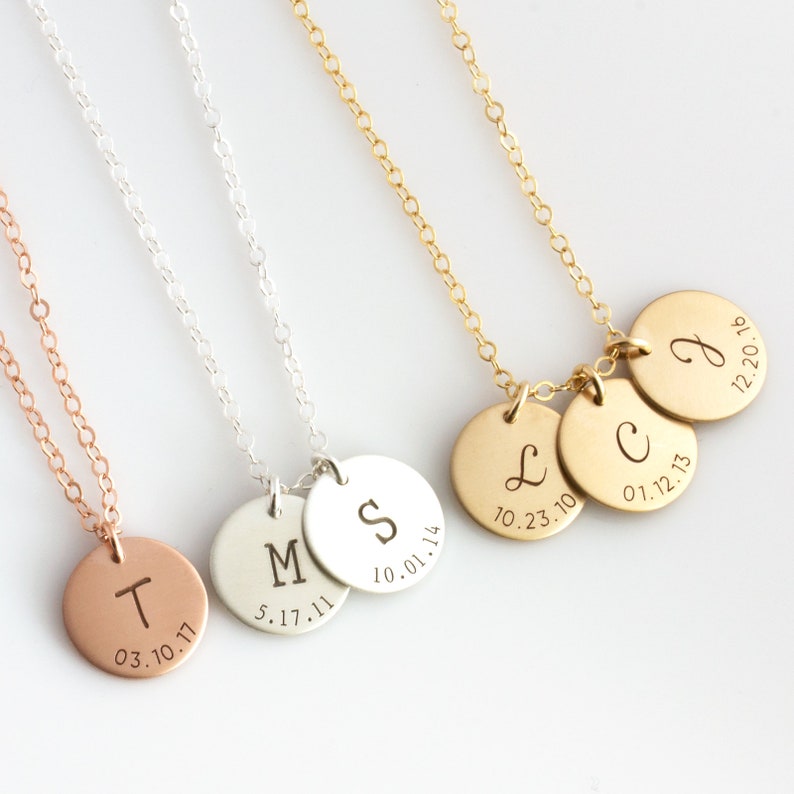 Personalized Initial Necklace/Custom Initial/Date Necklace/New Mom Necklace/Mothers Gift/Engraved Gold Fill, Silver, Rose Gold Gift for Her image 1