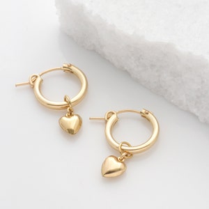 Gold Heart Hoops, Hoop Earrings, Heart Charm Earrings, Sterling Silver or Gold Filled Hoops With Heart Charm, Valentine's Day Gift For Her image 1