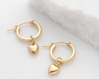 Gold Heart Hoops, Hoop Earrings, Heart Charm Earrings, Sterling Silver or Gold Filled Hoops With Heart Charm, Valentine's Day Gift For Her