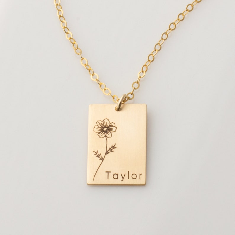 Birth Flower and Name Necklace, Mom Necklace, Personalized Rectangle Birth Flower Necklace, Daisy, Poppy, Rose Birth Flower Mom Necklace image 4