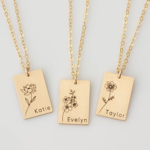 Birth Flower and Name Necklace, Mom Necklace, Personalized Rectangle Birth Flower Necklace, Daisy, Poppy, Rose Birth Flower Mom Necklace image 3