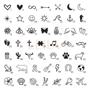 May include: Black and white line art icons of various symbols, including hearts, infinity signs, arrows, moons, stars, smiley faces, suns, waves, anchors, seahorses, flowers, bees, lotuses, butterflies, pineapples, wings, footprints, crosses, puzzles, musical notes, bicycles, mustaches, coffee cups, cacti, bull skulls, Native American symbols, paw prints, dogs, cats, bears, ribbons, guitars, lightning bolts, horseshoes, globes, hibiscus flowers, seashells, monstera leaves, lavender sprigs, branches, keys, and airplanes. The numbers 1 through 49 are listed below each icon.