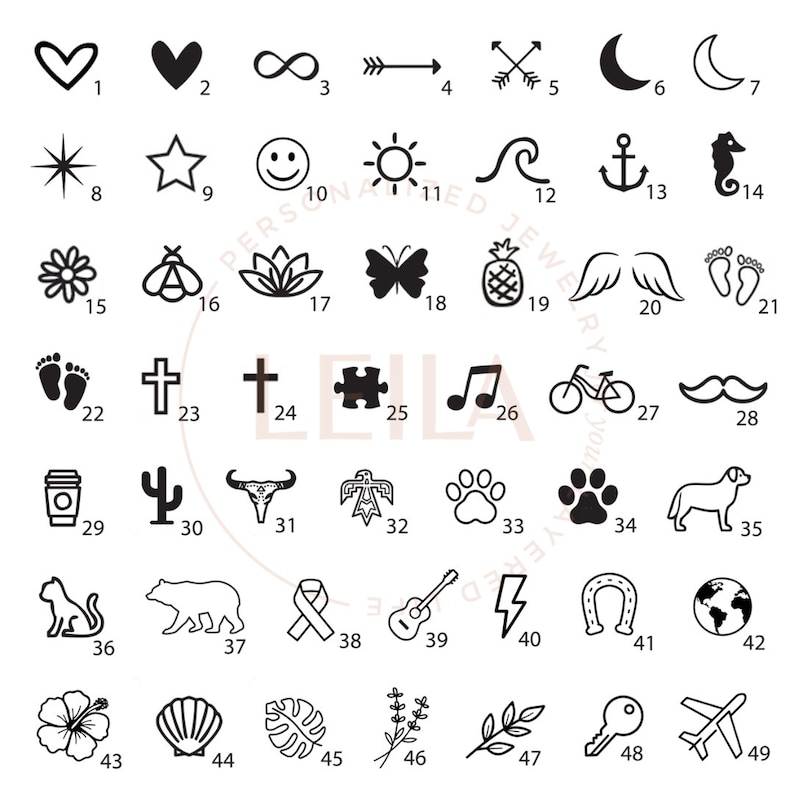 May include: Black and white line art icons of various symbols, including hearts, infinity signs, arrows, moons, stars, smiley faces, suns, waves, anchors, seahorses, flowers, bees, lotuses, butterflies, pineapples, wings, footprints, crosses, puzzles, musical notes, bicycles, mustaches, coffee cups, cacti, bull skulls, Native American symbols, paw prints, dogs, cats, bears, ribbons, guitars, lightning bolts, horseshoes, globes, hibiscus flowers, seashells, monstera leaves, lavender sprigs, branches, keys, and airplanes. The numbers 1 through 49 are listed below each icon.