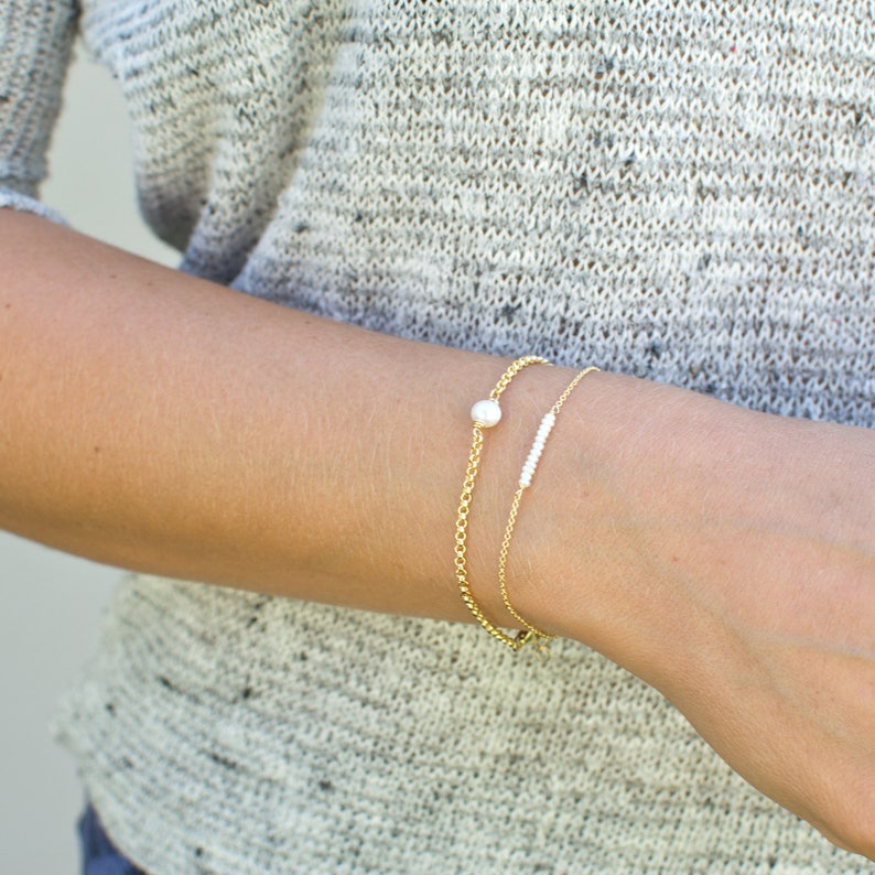 Delicate Pearl Bracelet, Gold Pearl Bracelet, Bridesmaid Gift, Minimal Bracelet, Gift for Her, 14k Gold Fill, Sterling Silver, B215 image 2
