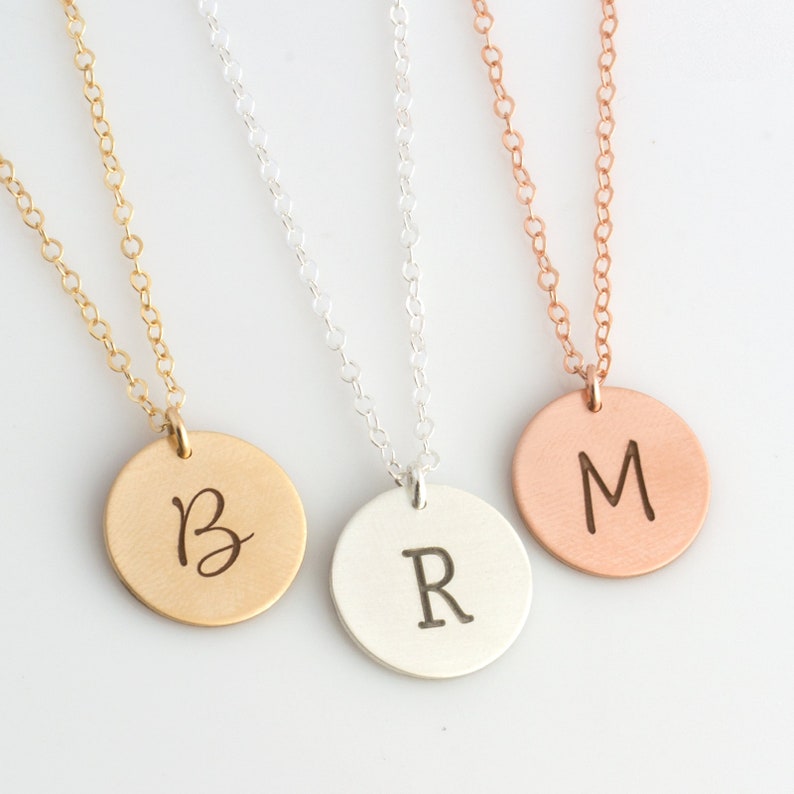 Personalized Gold Initial Necklace / Delicate Initial Necklace / Gold Disk Necklace / Charm Necklace / Christmas Gift / Bridesmaids Gift image 2