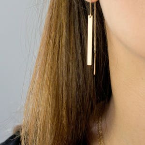 Gold Bar Threader Earrings, Long Dangle Earrings, Dainty Bar Drop Earrings, Sterling Silver, 14k Gold Fill, by LEILAJewelryshop, E204 image 3