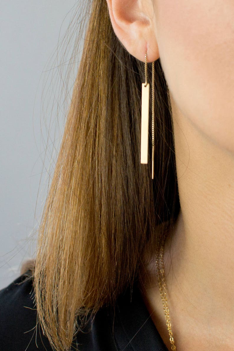 Gold Bar Threader Earrings, Long Dangle Earrings, Dainty Bar Drop Earrings, Sterling Silver, 14k Gold Fill, by LEILAJewelryshop, E204 image 3