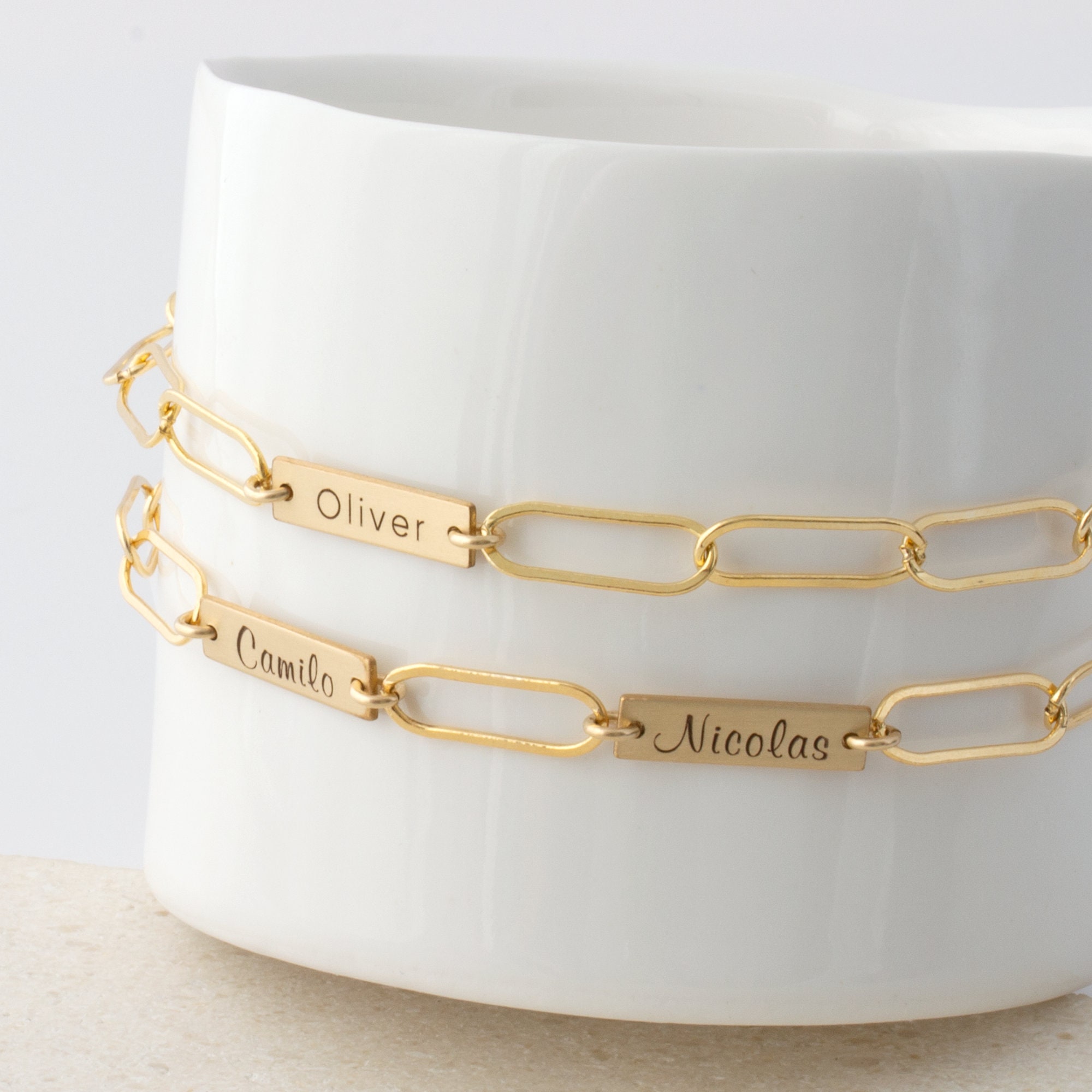 Paperclip Charm Bracelet with Kids Names in 24K Gold Plating by oNecklace