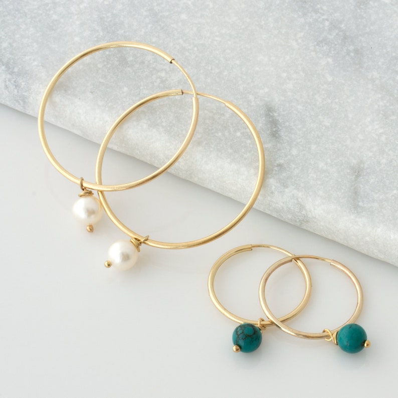 Turquoise Hoop Earrings, Pearl Hoop Earrings, Amethyst Hoop Earrings, Pearl Dangle Earrings, 14K Gold Filled Sterling Silver Hoop Earrings image 1