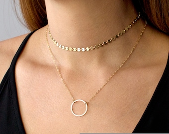 Hammered Gold Circle Necklace, Minimalist Necklace, Circle Necklace, 14k Gold Fill, Sterling Silver, Gift for her, LEILAjewelryshop