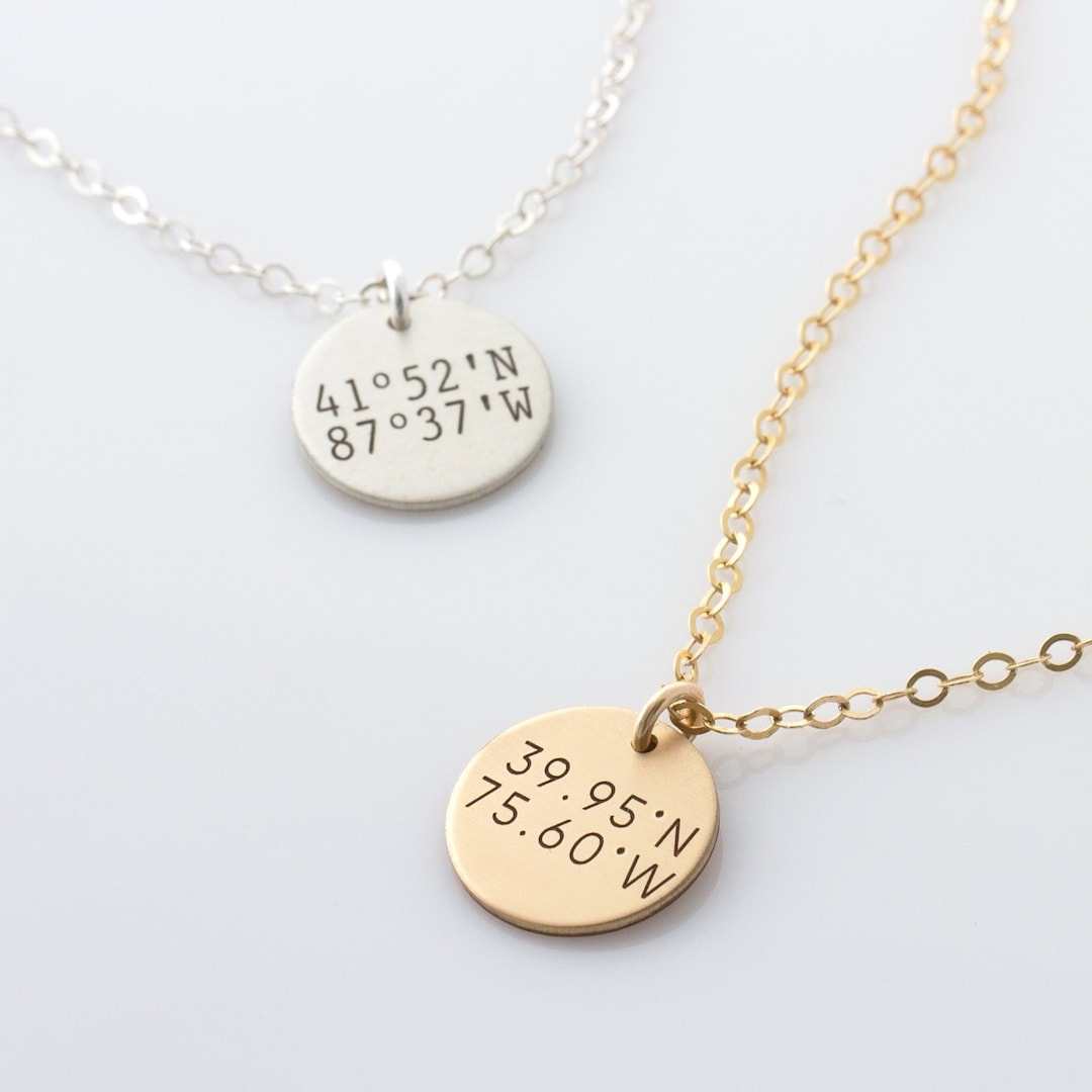 GPS Necklace, Coordinates Disc Necklace, GPS Coordinates, Location