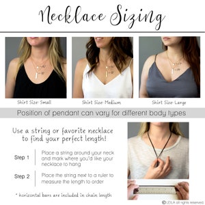 May include: Diagram showing how to measure your neck for the perfect necklace length.  Use a string to measure around your neck and then measure the string with a ruler.  The diagram shows three different necklace lengths for small, medium, and large shirt sizes.