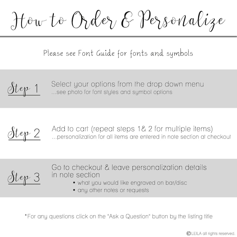 May include: A how-to guide for ordering and personalizing items. The guide includes three steps: select options from a drop-down menu, add to cart, and go to checkout to leave personalization details in the note section.