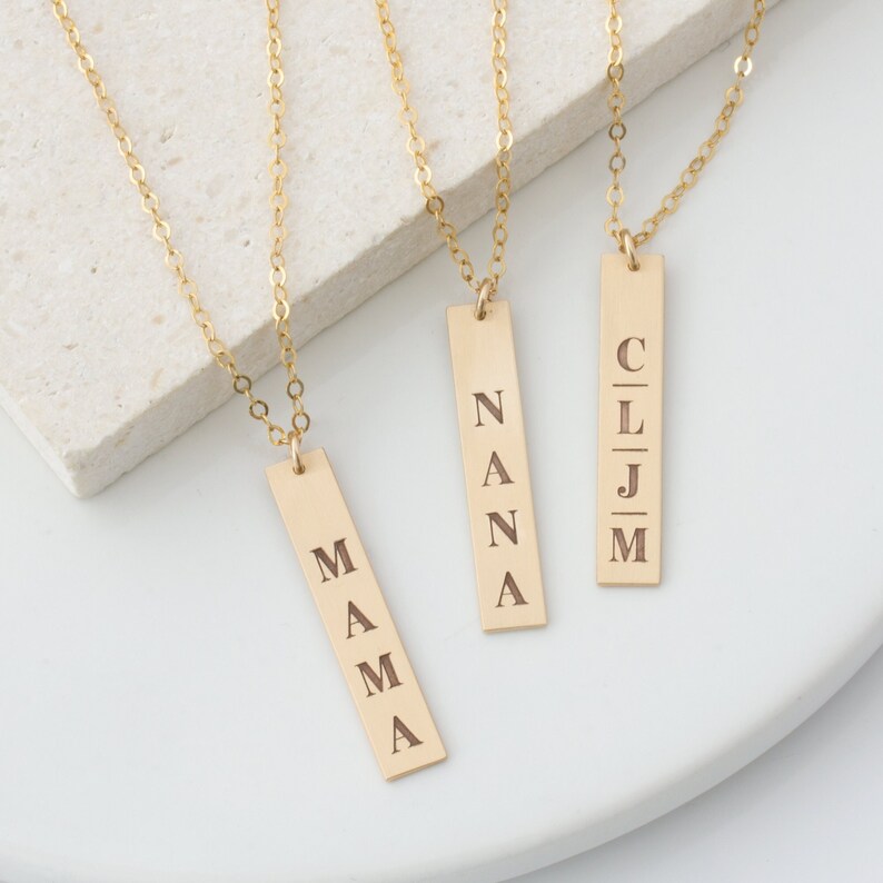 Personalized Mama Necklace in 14K Gold Fill or Sterling Silver, Nana Necklace, Initials Bar Necklace, Reversible Necklace, Gift for Her image 1