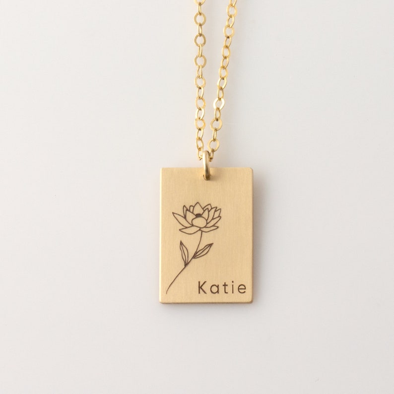 Birth Flower and Name Necklace, Mom Necklace, Personalized Rectangle Birth Flower Necklace, Daisy, Poppy, Rose Birth Flower Mom Necklace image 6