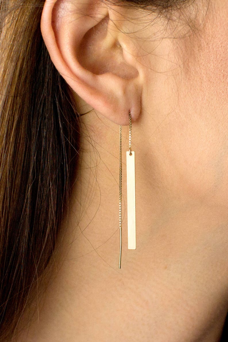 Gold Bar Threader Earrings, Long Dangle Earrings, Dainty Bar Drop Earrings, Sterling Silver, 14k Gold Fill, by LEILAJewelryshop, E204 image 1