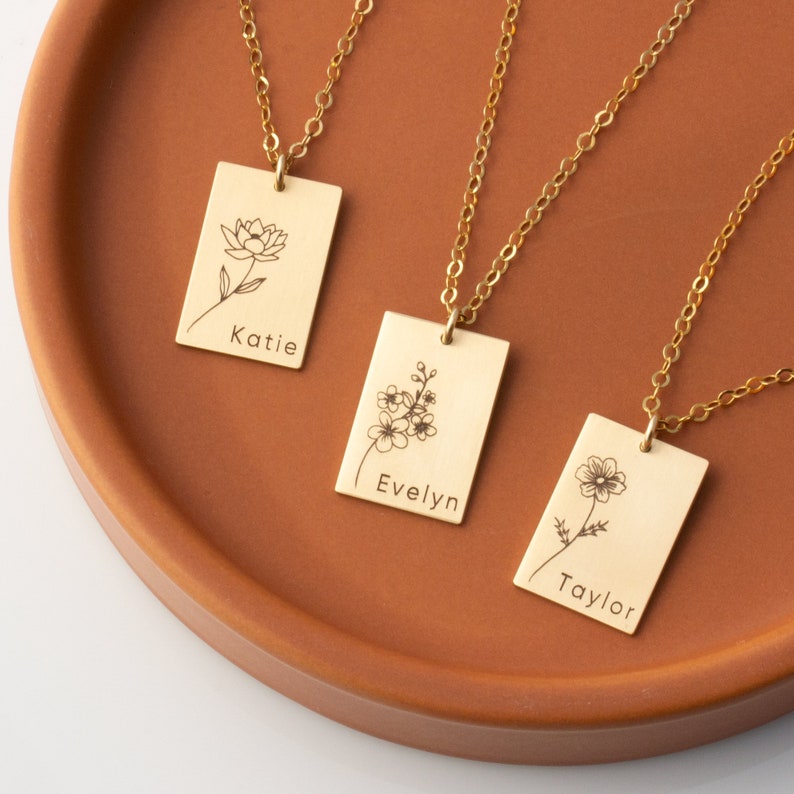Birth Flower and Name Necklace, Mom Necklace, Personalized Rectangle Birth Flower Necklace, Daisy, Poppy, Rose Birth Flower Mom Necklace image 5