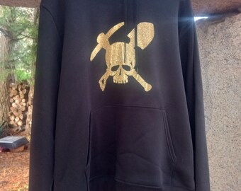 Hoodie Sweatshirt with Skull pick and shovel Gold Glitter