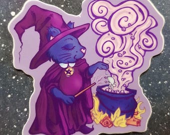 Witch Kitty Vinyl Sticker - Cute Magical Cat Original Art Decal - Purple Witchcraft Magic Sticker