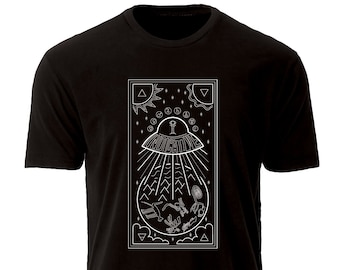 SALE! - Indicative &quot;First Contact&quot; Sueded Tshirt - Ancient Alien UFO Art Screen Print Short Sleeve Tee Shirt