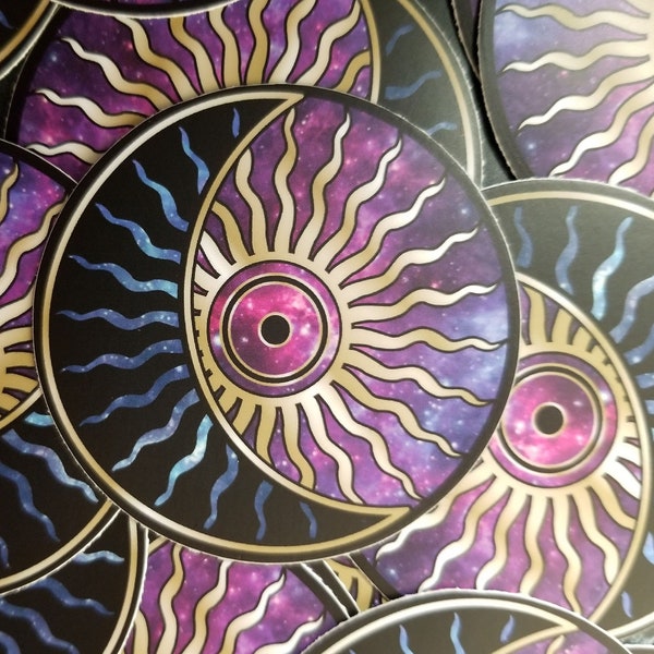 Universal Sun and Moon Symbol Vinyl Sticker - Purple Galaxy Gold Star Occult Magick Alchemy Decal