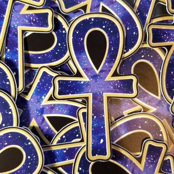 Ankh Galaxy Vinyl Sticker - Egyptian Ancient Magic Symbol Gold Purple Universe Decal