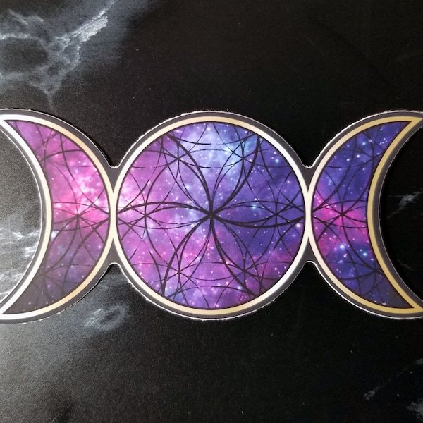 Triple Moon Goddess Symbol Vinyl Sticker - Pagan Wiccan Magick Hecate Gold Purple Pink Universe Decal