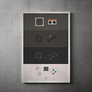 May include: A black and white poster with a timeline of video game controllers. The poster features a series of controllers from different eras, including the Atari joystick, the NES controller, the Super Nintendo controller, the PlayStation controller, and the Xbox controller. The poster is a great way to celebrate the history of video games.