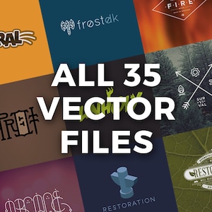 Puede incluir: Un collage de 35 archivos vectoriales, cada uno con un diseño único. Los diseños incluyen una ilustración estilizada de un fuego, un logotipo geométrico con el texto "frøstak", una ilustración estilizada de un árbol y un logotipo con el texto "RESTORATION".