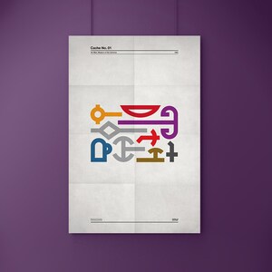 May include: A minimalist poster with the text "Cache No. 01" and the words "The Man, Masters of the Universe" in smaller font. The poster features a collection of abstract geometric shapes in various colors, including red, orange, yellow, green, blue, purple, and gray.