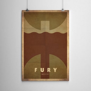 Puede incluir: Un póster de estilo vintage con un esquema de color marrón y beige. El póster presenta un gráfico estilizado de un martillo y la palabra "Fury" con la palabra "warrior" debajo.