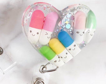 Kawaii Cute Heart Pills Badge Holder/ badge Reel/ Nurse/ Pharmacy/ Healthcare- Diamond Glitter Silver