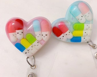 Kawaii Cute Happy Pills Heart Badge Reel/ pharmacy badge reel/ technician badge holder/ healthcare -baby pink or baby aqua