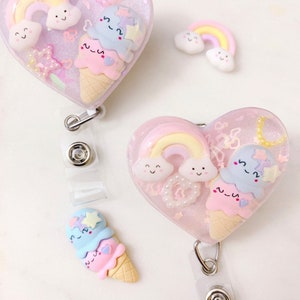 Kawaii Happy Ice cream & Rainbow Badge Holder/Reel- baby pink or baby lavender
