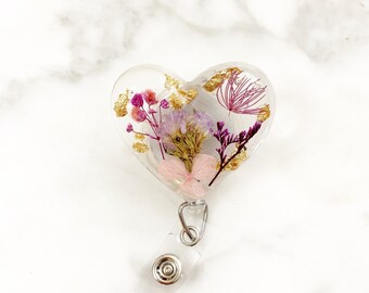 Lavender Floral Heart Badge Reel Palette/ nurse / pharmacy/ resin badge reel/ flower badge reel/ healthcare/ doctors- clear w/gold foil