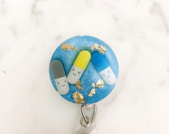 Kawaii Cute Mini Circle Pills Badge Reel/Resin Badge Reel/ Technician /pharmacy/ healthcare/ nurse -yellow, grey, blue palette w/ gold foil