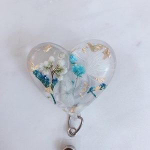 Blue Palette Dried floral Heart Badge Holder/ Badge Reel/ Pharmacy/ Nurse/ Resin badge reel/Flower badge reel gold foil w/ Assorted colors clear with gold