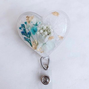 Blue Palette Dried floral Heart Badge Holder/ Badge Reel/ Pharmacy/ Nurse/ Resin badge reel/Flower badge reel gold foil w/ Assorted colors Pearl white / gold