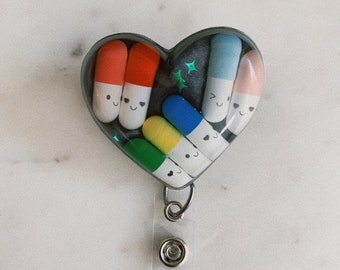 Kawaii Cute Happy Pills Heart Badge Holder/ resin Badge Reel/ Pharmacy/ Nurse/ Technician/ Healthcare Badge Reel- Black