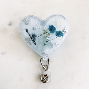 Blue Floral Heart Badge Reel: Resin Nurse Reel with Silver Foil