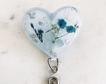 Blue Palette Dried  floral Heart Badge Holder/ badge reel/resin badge reel/nurse reel- Ice blue w/ silver foil