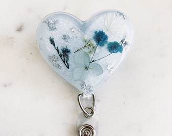 Blue Floral Heart Badge Reel: Resin Nurse Reel with Silver Foil